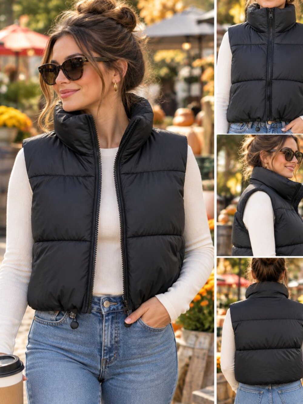 Women’s Black Cropped Puffer Vest Medium High Collar Drawstring Hem